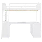 Letto a soppalco full-size con scrivania, letto a soppalco in legno con cassetti e mensole portaoggetti, letto a soppalco alto full-size con specchiera per bambini, ragazzi e adulti