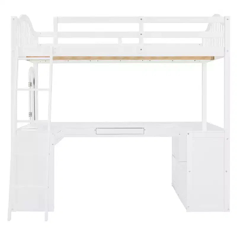 Letto a soppalco full-size con scrivania, letto a soppalco in legno con cassetti e mensole portaoggetti, letto a soppalco alto full-size con specchiera per bambini, ragazzi e adulti