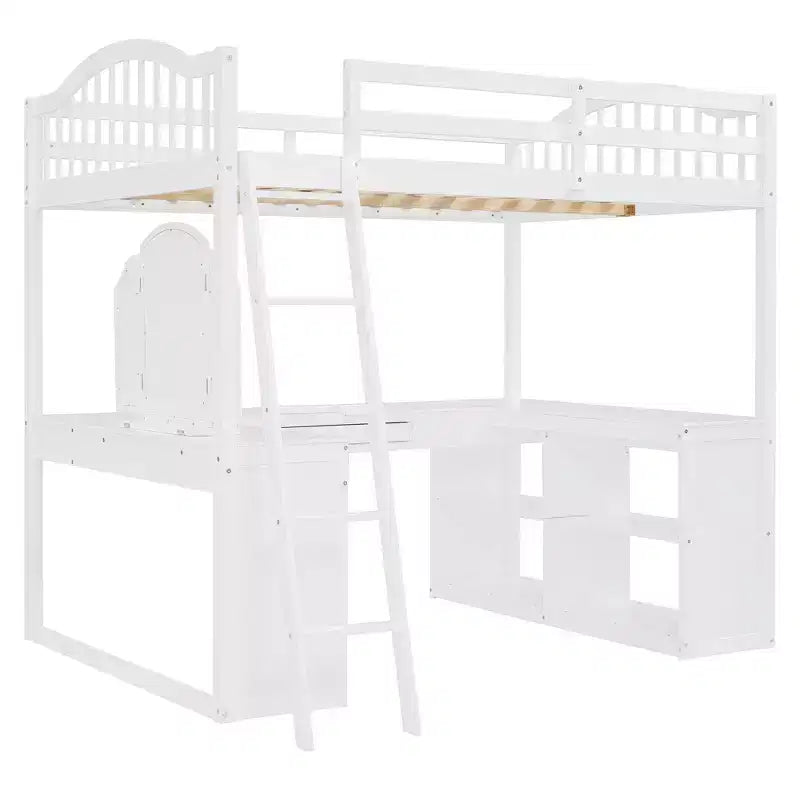 Letto a soppalco full-size con scrivania, letto a soppalco in legno con cassetti e mensole portaoggetti, letto a soppalco alto full-size con specchiera per bambini, ragazzi e adulti
