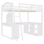 Letto a soppalco full-size con scrivania, letto a soppalco in legno con cassetti e mensole portaoggetti, letto a soppalco alto full-size con specchiera per bambini, ragazzi e adulti