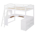 Letto a soppalco full-size con scrivania, letto a soppalco in legno con cassetti e mensole portaoggetti, letto a soppalco alto full-size con specchiera per bambini, ragazzi e adulti