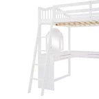 Letto a soppalco full-size con scrivania, letto a soppalco in legno con cassetti e mensole portaoggetti, letto a soppalco alto full-size con specchiera per bambini, ragazzi e adulti