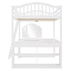 Letto a soppalco full-size con scrivania, letto a soppalco in legno con cassetti e mensole portaoggetti, letto a soppalco alto full-size con specchiera per bambini, ragazzi e adulti