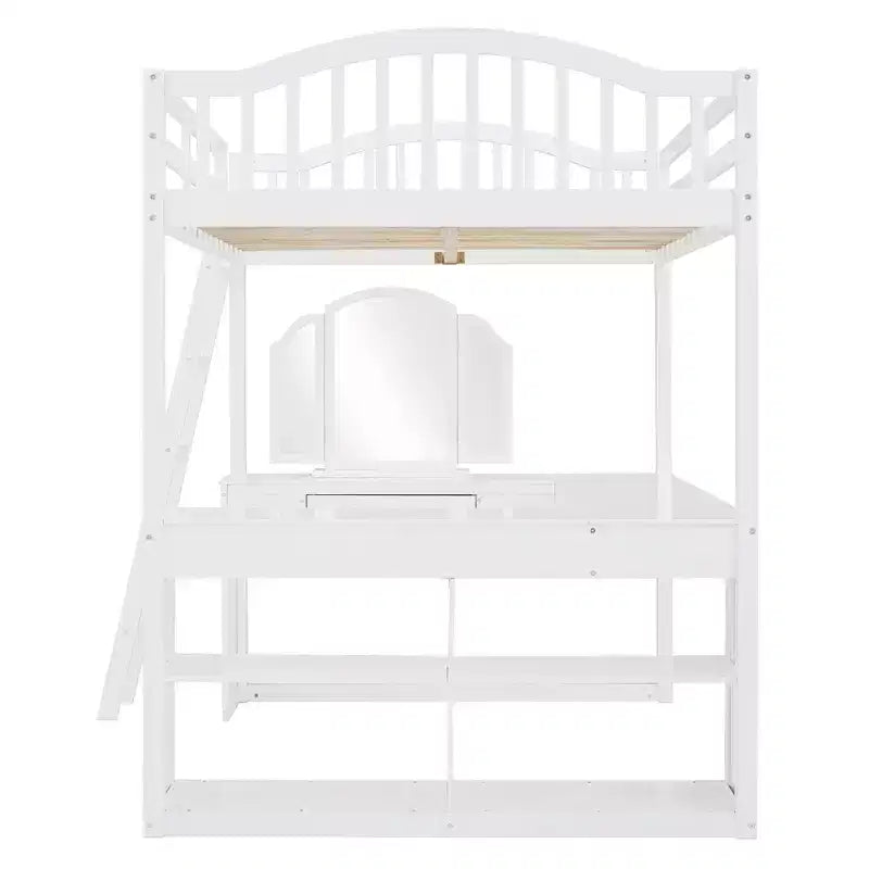 Letto a soppalco full-size con scrivania, letto a soppalco in legno con cassetti e mensole portaoggetti, letto a soppalco alto full-size con specchiera per bambini, ragazzi e adulti