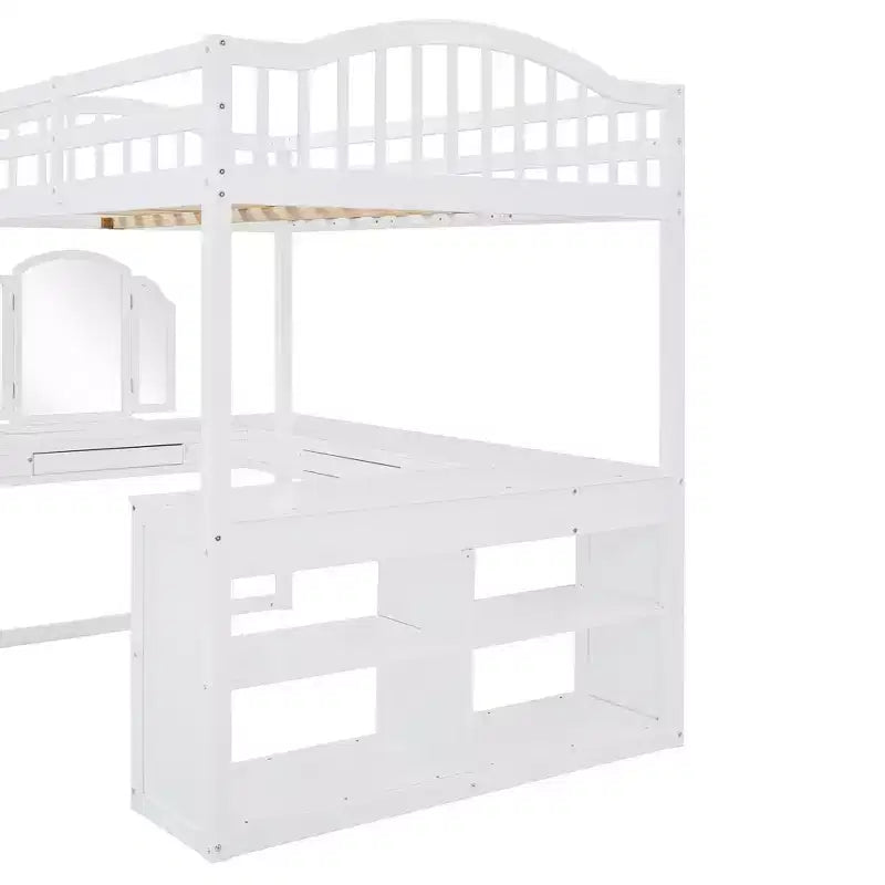 Letto a soppalco full-size con scrivania, letto a soppalco in legno con cassetti e mensole portaoggetti, letto a soppalco alto full-size con specchiera per bambini, ragazzi e adulti