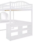 Letto a soppalco full-size con scrivania, letto a soppalco in legno con cassetti e mensole portaoggetti, letto a soppalco alto full-size con specchiera per bambini, ragazzi e adulti