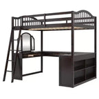Letto a soppalco full-size con scrivania, letto a soppalco in legno con cassetti e mensole portaoggetti, letto a soppalco alto full-size con specchiera per bambini, ragazzi e adulti