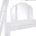 Letto a soppalco full-size con scrivania, letto a soppalco in legno con cassetti e mensole portaoggetti, letto a soppalco alto full-size con specchiera per bambini, ragazzi e adulti