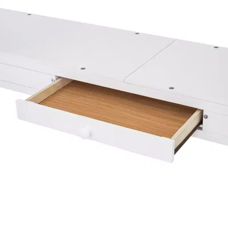 Letto a soppalco full-size con scrivania, letto a soppalco in legno con cassetti e mensole portaoggetti, letto a soppalco alto full-size con specchiera per bambini, ragazzi e adulti