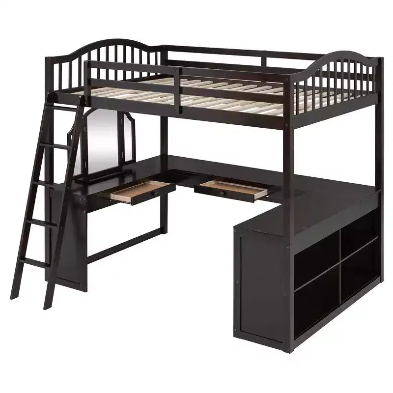 Letto a soppalco full-size con scrivania, letto a soppalco in legno con cassetti e mensole portaoggetti, letto a soppalco alto full-size con specchiera per bambini, ragazzi e adulti