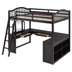 Letto a soppalco full-size con scrivania, letto a soppalco in legno con cassetti e mensole portaoggetti, letto a soppalco alto full-size con specchiera per bambini, ragazzi e adulti