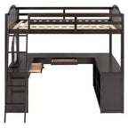 Letto a soppalco full-size con scrivania, letto a soppalco in legno con cassetti e mensole portaoggetti, letto a soppalco alto full-size con specchiera per bambini, ragazzi e adulti