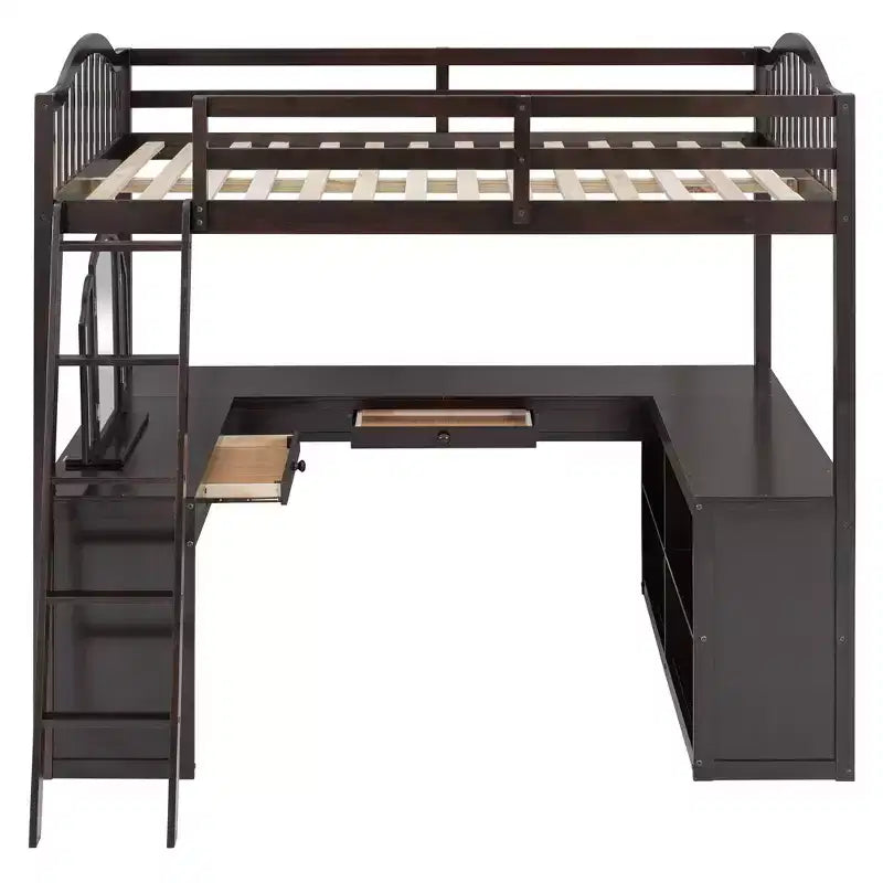 Letto a soppalco full-size con scrivania, letto a soppalco in legno con cassetti e mensole portaoggetti, letto a soppalco alto full-size con specchiera per bambini, ragazzi e adulti