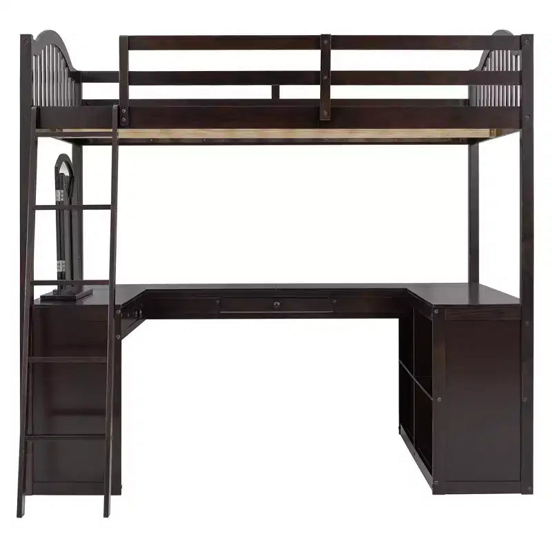 Letto a soppalco full-size con scrivania, letto a soppalco in legno con cassetti e mensole portaoggetti, letto a soppalco alto full-size con specchiera per bambini, ragazzi e adulti