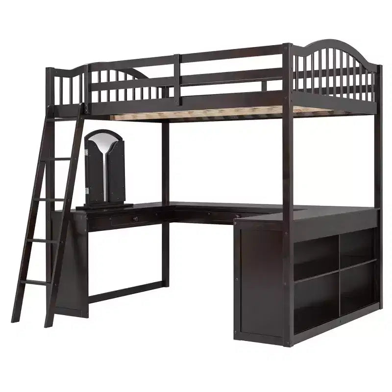 Letto a soppalco full-size con scrivania, letto a soppalco in legno con cassetti e mensole portaoggetti, letto a soppalco alto full-size con specchiera per bambini, ragazzi e adulti