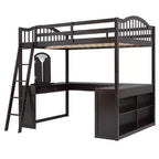 Letto a soppalco full-size con scrivania, letto a soppalco in legno con cassetti e mensole portaoggetti, letto a soppalco alto full-size con specchiera per bambini, ragazzi e adulti