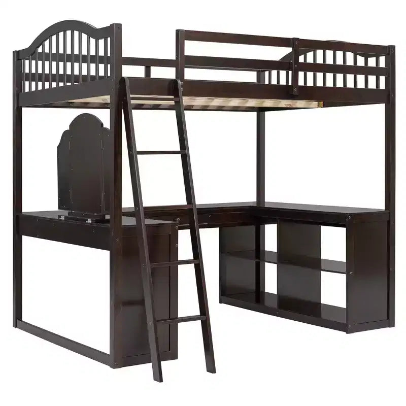 Letto a soppalco full-size con scrivania, letto a soppalco in legno con cassetti e mensole portaoggetti, letto a soppalco alto full-size con specchiera per bambini, ragazzi e adulti