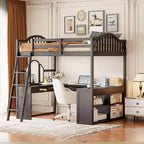 Full Size Loft Bed with Desk, Wood Loft Bed with Drawers & Storage Shelves, High Loft Bed Full with Vanity Mirror for Kids Teens Adults