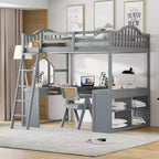 Letto a soppalco full-size con scrivania, letto a soppalco in legno con cassetti e mensole portaoggetti, letto a soppalco alto full-size con specchiera per bambini, ragazzi e adulti