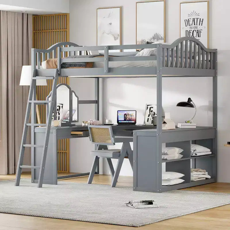 Letto a soppalco full-size con scrivania, letto a soppalco in legno con cassetti e mensole portaoggetti, letto a soppalco alto full-size con specchiera per bambini, ragazzi e adulti