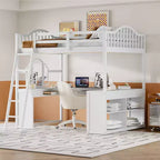 Letto a soppalco full-size con scrivania, letto a soppalco in legno con cassetti e mensole portaoggetti, letto a soppalco alto full-size con specchiera per bambini, ragazzi e adulti