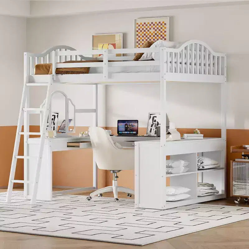 Letto a soppalco full-size con scrivania, letto a soppalco in legno con cassetti e mensole portaoggetti, letto a soppalco alto full-size con specchiera per bambini, ragazzi e adulti
