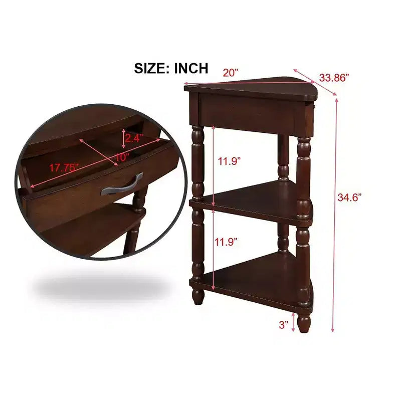 Hostack Tavolino angolare triangolare piccolo da 33,8'' con 3 ripiani, gambe in legno massello per piccoli spazi e soggiorno, Espresso Chiaro