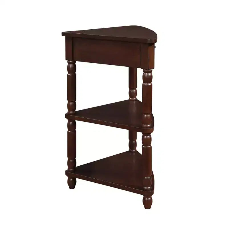 Hostack Tavolino angolare triangolare piccolo da 33,8'' con 3 ripiani, gambe in legno massello per piccoli spazi e soggiorno, Espresso Chiaro