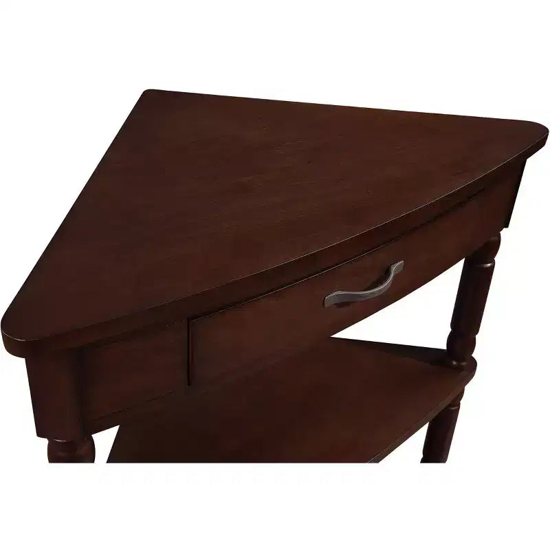Hostack Tavolino angolare triangolare piccolo da 33,8'' con 3 ripiani, gambe in legno massello per piccoli spazi e soggiorno, Espresso Chiaro