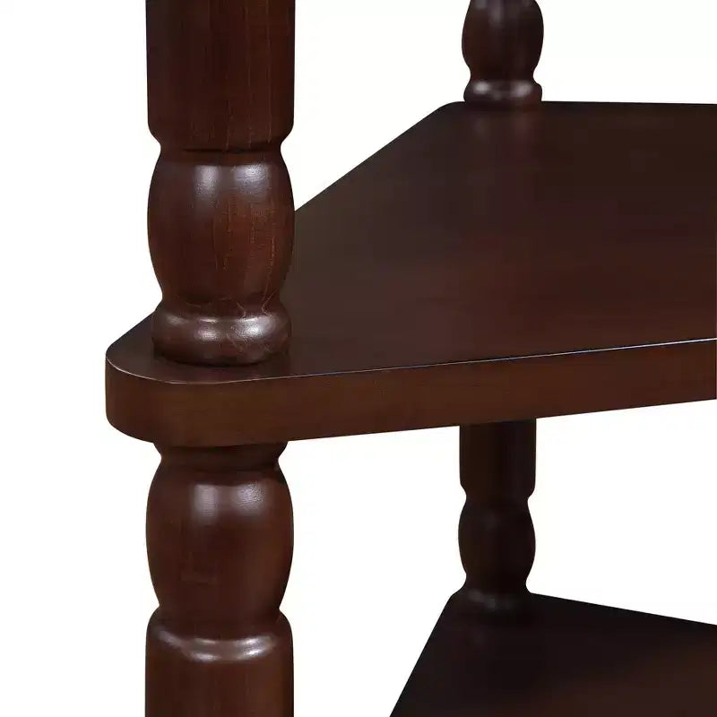 Hostack Tavolino angolare triangolare piccolo da 33,8'' con 3 ripiani, gambe in legno massello per piccoli spazi e soggiorno, Espresso Chiaro