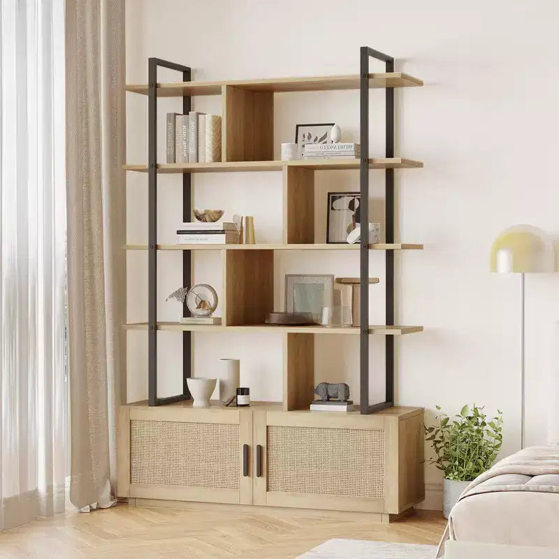 Libreria a 5 livelli con armadietto contenitore, libreria in rattan da 180 cm con ripiani a vista, libreria con telaio in metallo per soggiorno e camera da letto