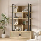 Libreria a 5 livelli con armadietto contenitore, libreria in rattan da 180 cm con ripiani a vista, libreria con telaio in metallo per soggiorno e camera da letto
