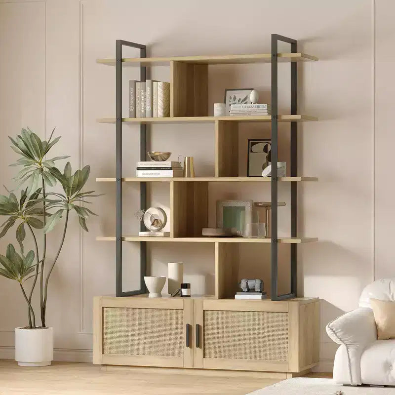 Libreria a 5 livelli con armadietto contenitore, libreria in rattan da 180 cm con ripiani a vista, libreria con telaio in metallo per soggiorno e camera da letto