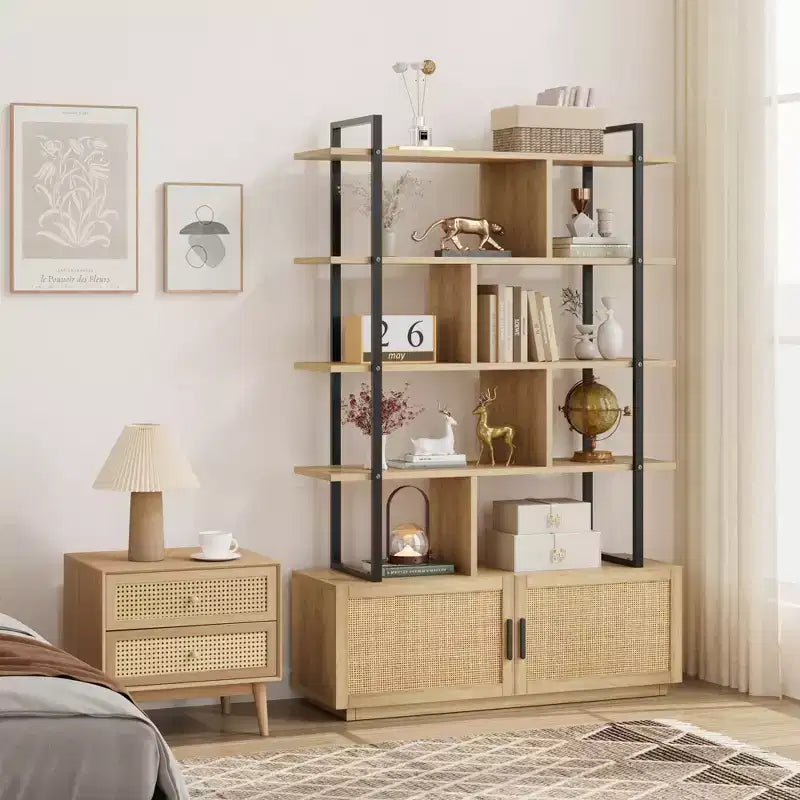 Libreria a 5 livelli con armadietto contenitore, libreria in rattan da 180 cm con ripiani a vista, libreria con telaio in metallo per soggiorno e camera da letto