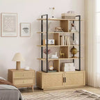 Libreria a 5 livelli con armadietto contenitore, libreria in rattan da 180 cm con ripiani a vista, libreria con telaio in metallo per soggiorno e camera da letto