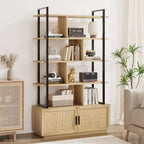 Libreria a 5 livelli con armadietto contenitore, libreria in rattan da 180 cm con ripiani a vista, libreria con telaio in metallo per soggiorno e camera da letto
