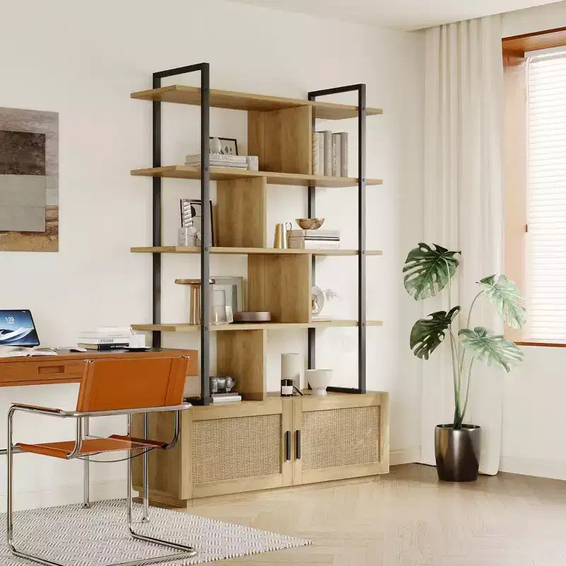 Libreria a 5 livelli con armadietto contenitore, libreria in rattan da 180 cm con ripiani a vista, libreria con telaio in metallo per soggiorno e camera da letto