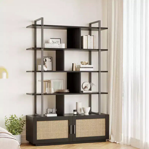 Libreria a 5 livelli con armadietto contenitore, libreria in rattan da 180 cm con ripiani a vista, libreria con telaio in metallo per soggiorno e camera da letto