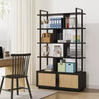 Libreria a 5 livelli con armadietto contenitore, libreria in rattan da 180 cm con ripiani a vista, libreria con telaio in metallo per soggiorno e camera da letto