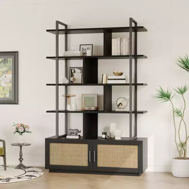 Libreria a 5 livelli con armadietto contenitore, libreria in rattan da 180 cm con ripiani a vista, libreria con telaio in metallo per soggiorno e camera da letto