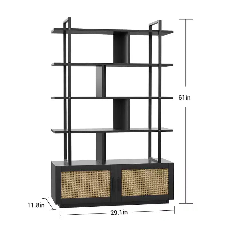 Libreria a 5 livelli con armadietto contenitore, libreria in rattan da 180 cm con ripiani a vista, libreria con telaio in metallo per soggiorno e camera da letto