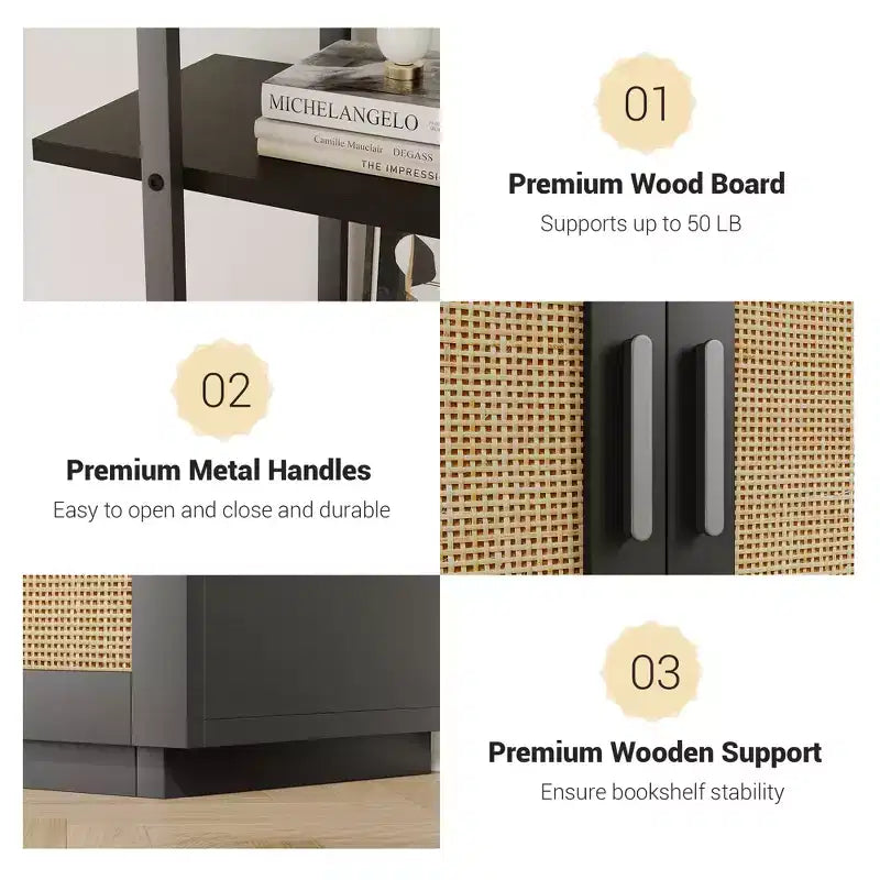 Libreria a 5 livelli con armadietto contenitore, libreria in rattan da 180 cm con ripiani a vista, libreria con telaio in metallo per soggiorno e camera da letto