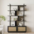 5 Tier Bookshelf with Storage Cabinet, 71 In Rattan Book Shelf with Open Display Shelves, Metal Frame Bookcase for Living Room Bedroom