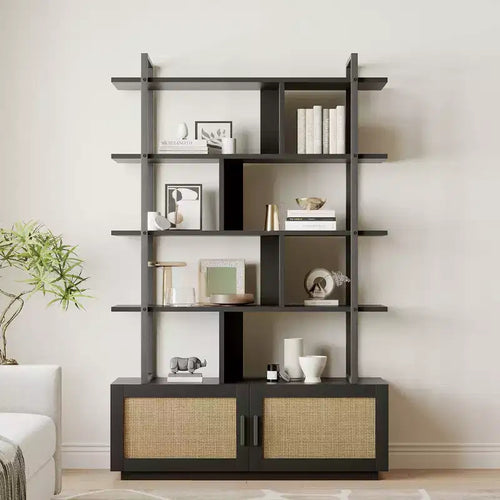 5 Tier Bookshelf with Storage Cabinet, 71 In Rattan Book Shelf with Open Display Shelves, Metal Frame Bookcase for Living Room Bedroom