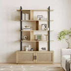 Libreria a 5 livelli con armadietto contenitore, libreria in rattan da 180 cm con ripiani a vista, libreria con telaio in metallo per soggiorno e camera da letto