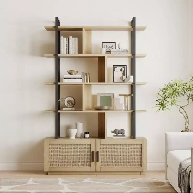 Libreria a 5 livelli con armadietto contenitore, libreria in rattan da 180 cm con ripiani a vista, libreria con telaio in metallo per soggiorno e camera da letto