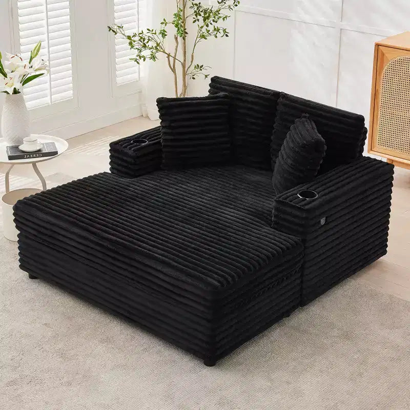 Poltrona Chaise Longue Extralarge 54, Divano Letto Imbottito con 4 Cuscini e Portabicchieri, Comodo Divano in Velluto a Coste per Soggiorno Camera da Letto