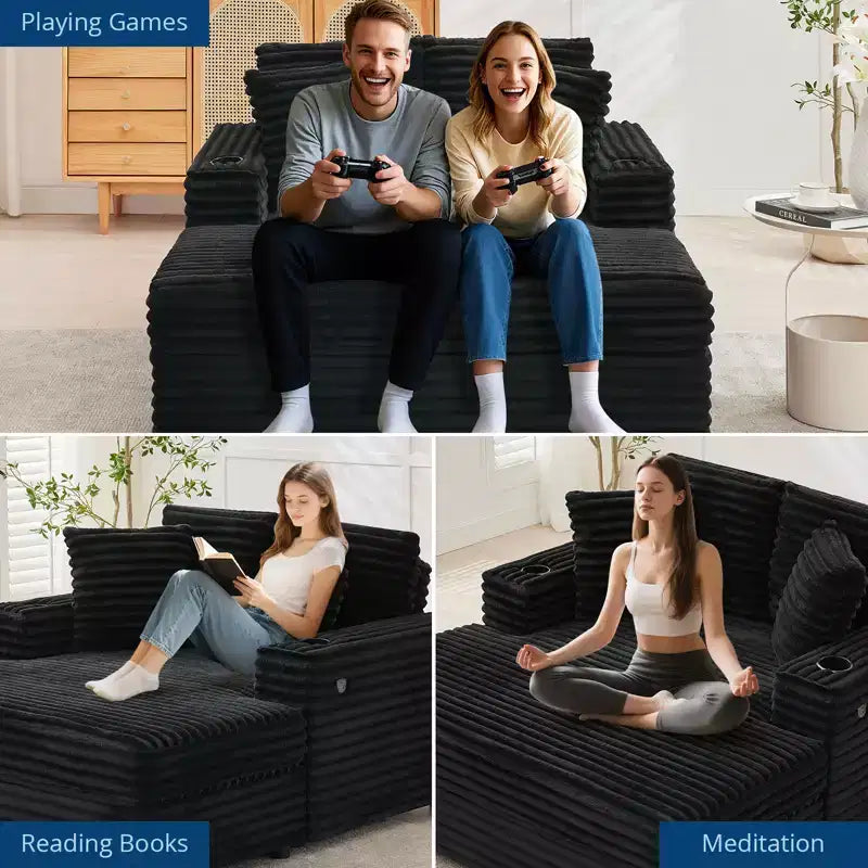 Poltrona Chaise Longue Extralarge 54, Divano Letto Imbottito con 4 Cuscini e Portabicchieri, Comodo Divano in Velluto a Coste per Soggiorno Camera da Letto