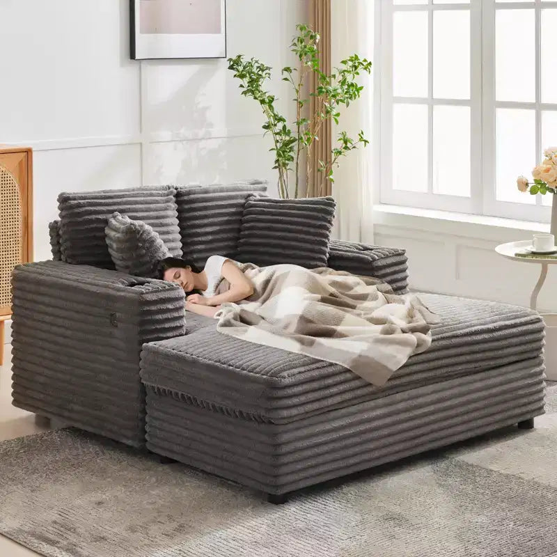 Poltrona Chaise Longue Extralarge 54, Divano Letto Imbottito con 4 Cuscini e Portabicchieri, Comodo Divano in Velluto a Coste per Soggiorno Camera da Letto