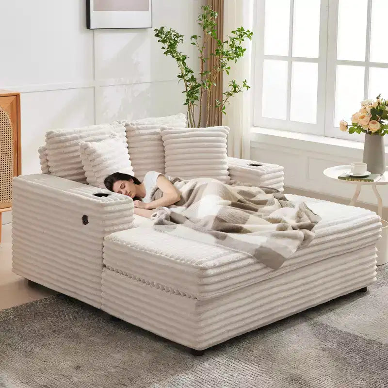 Poltrona Chaise Longue Extralarge 54, Divano Letto Imbottito con 4 Cuscini e Portabicchieri, Comodo Divano in Velluto a Coste per Soggiorno Camera da Letto